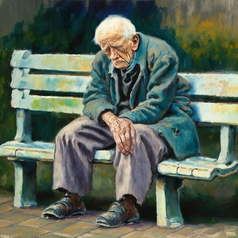 Боль в колене. Пожилой человек держится за колено, сидя на скамейке